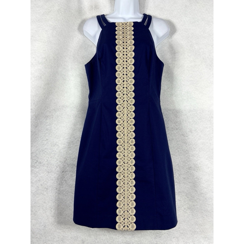 Lilly‎ Pulitzer Dress Women's 8 Blue Pearl Stretch Shift Sleeveless Gold Detail
